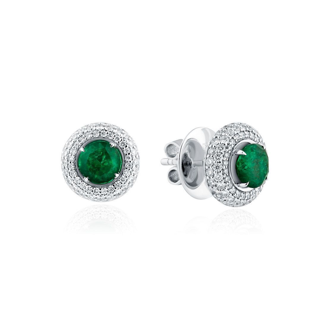 Пусеты из белого золота с изумрудами 1.61 ct и бриллиантами