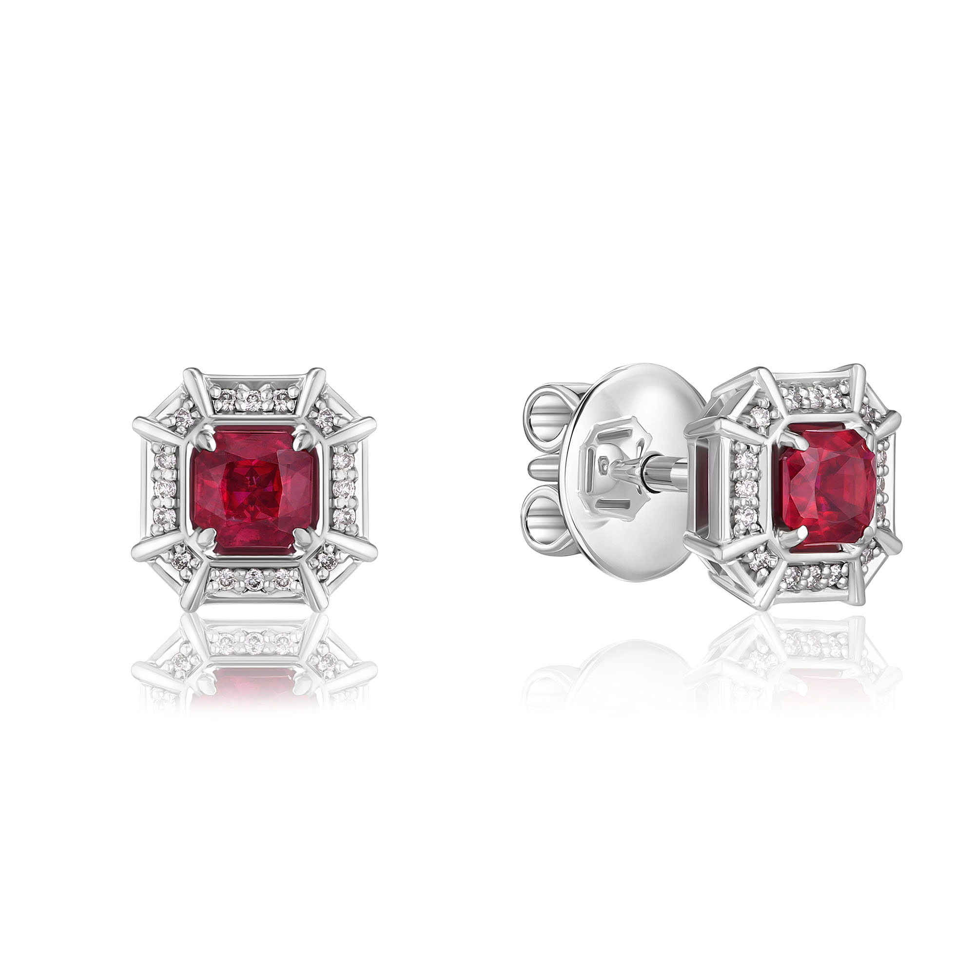 Пусеты из белого золота с рубинами и бриллиантами