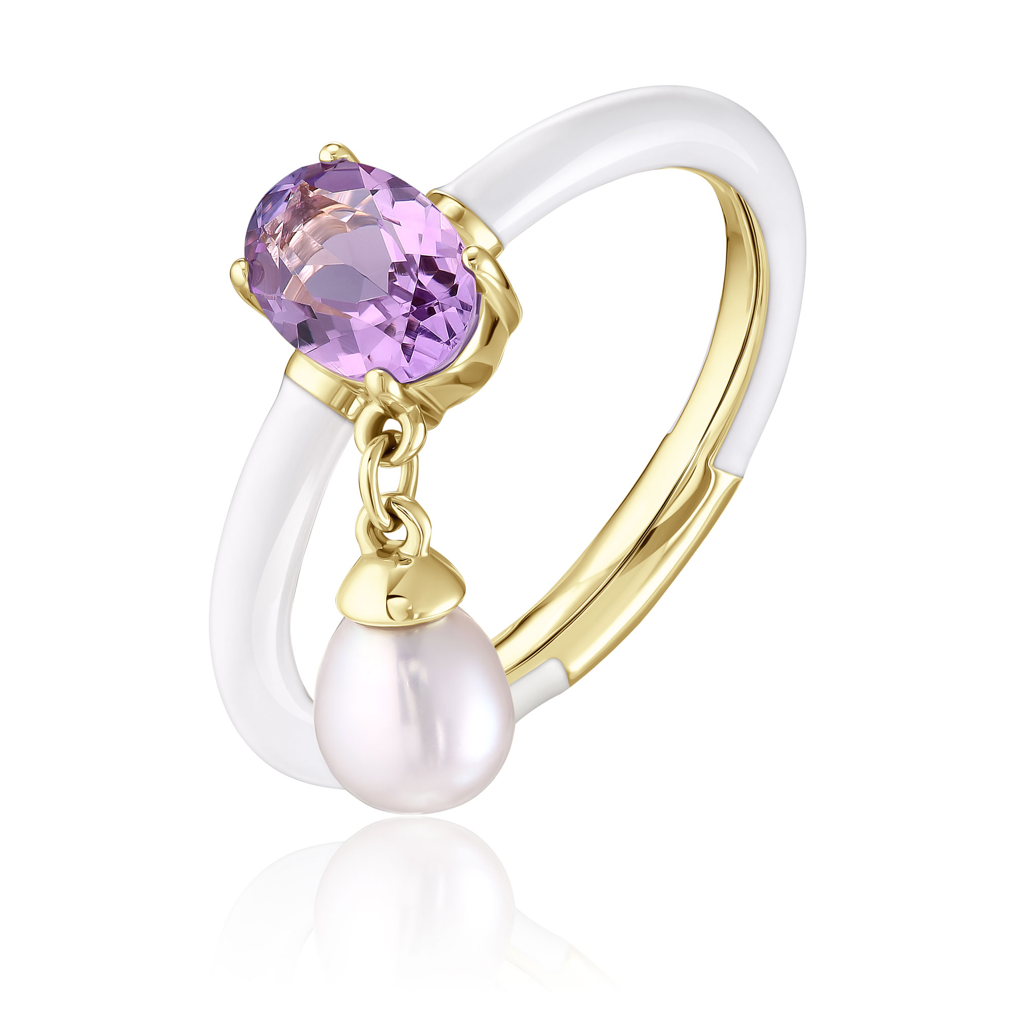 Кольцо из желтого золота с аметистом и жемчугом