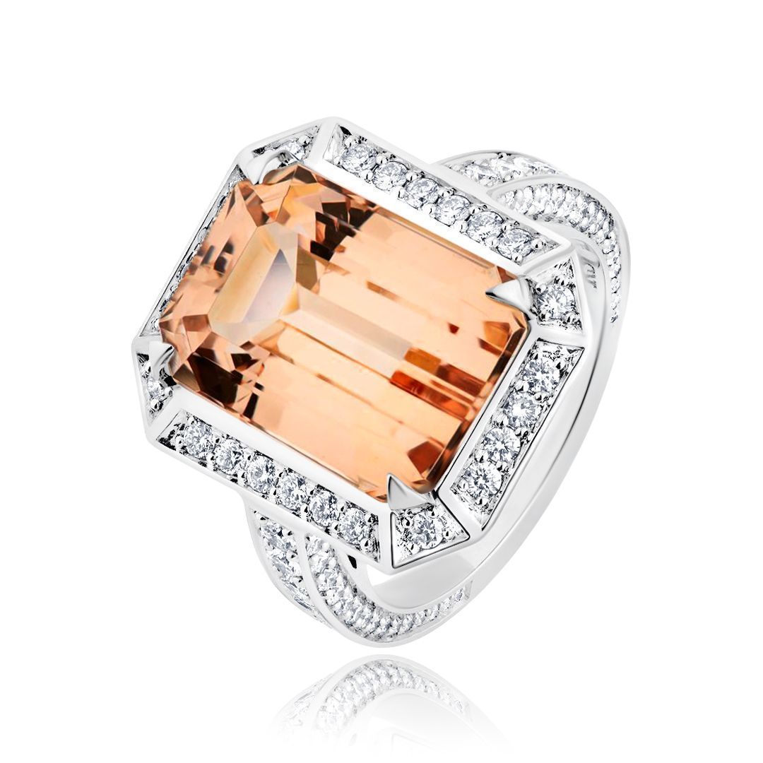 Кольцо из белого золота с морганитом 9.11 ct и бриллиантами