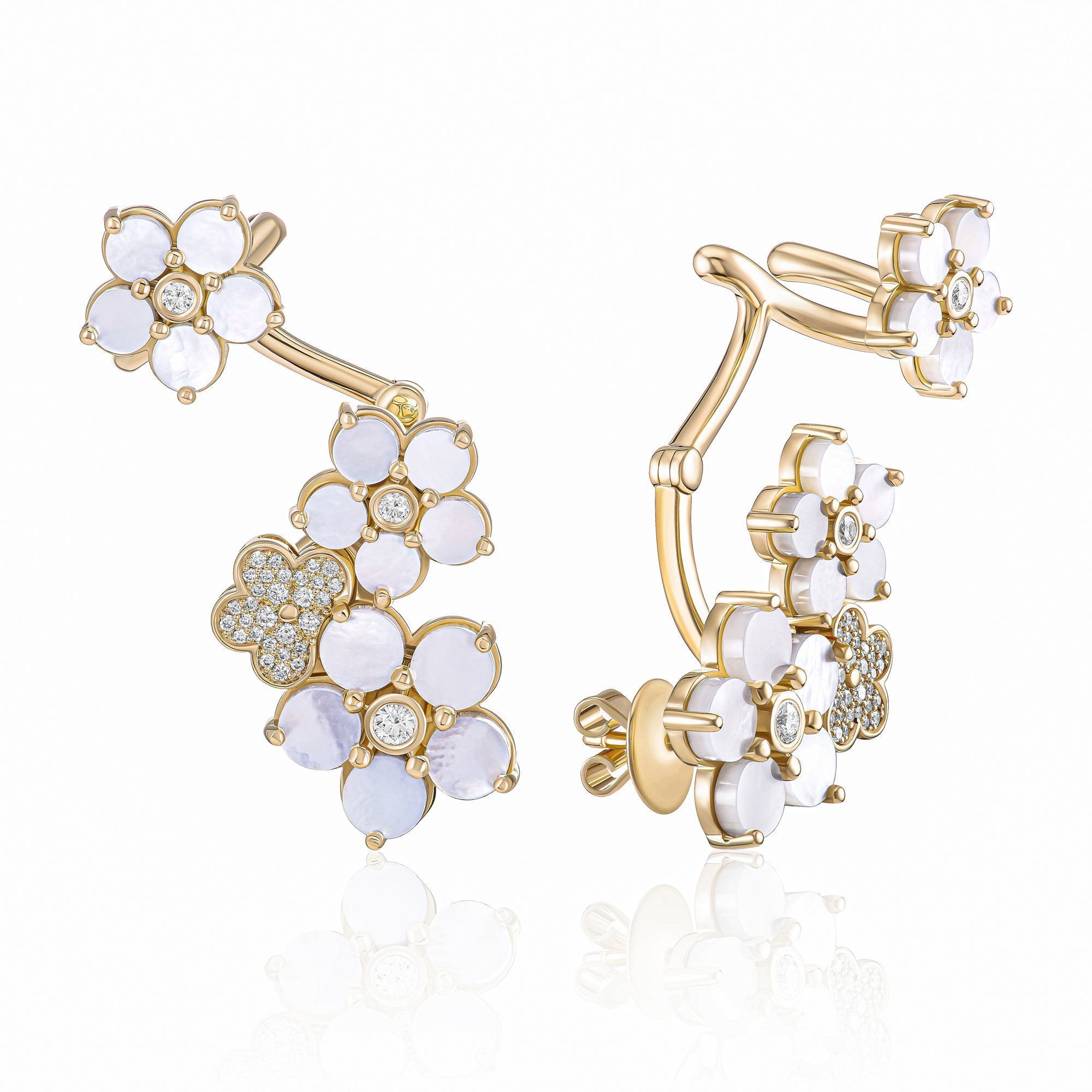 Серьги каффы из желтого золота с перламутром и бриллиантами