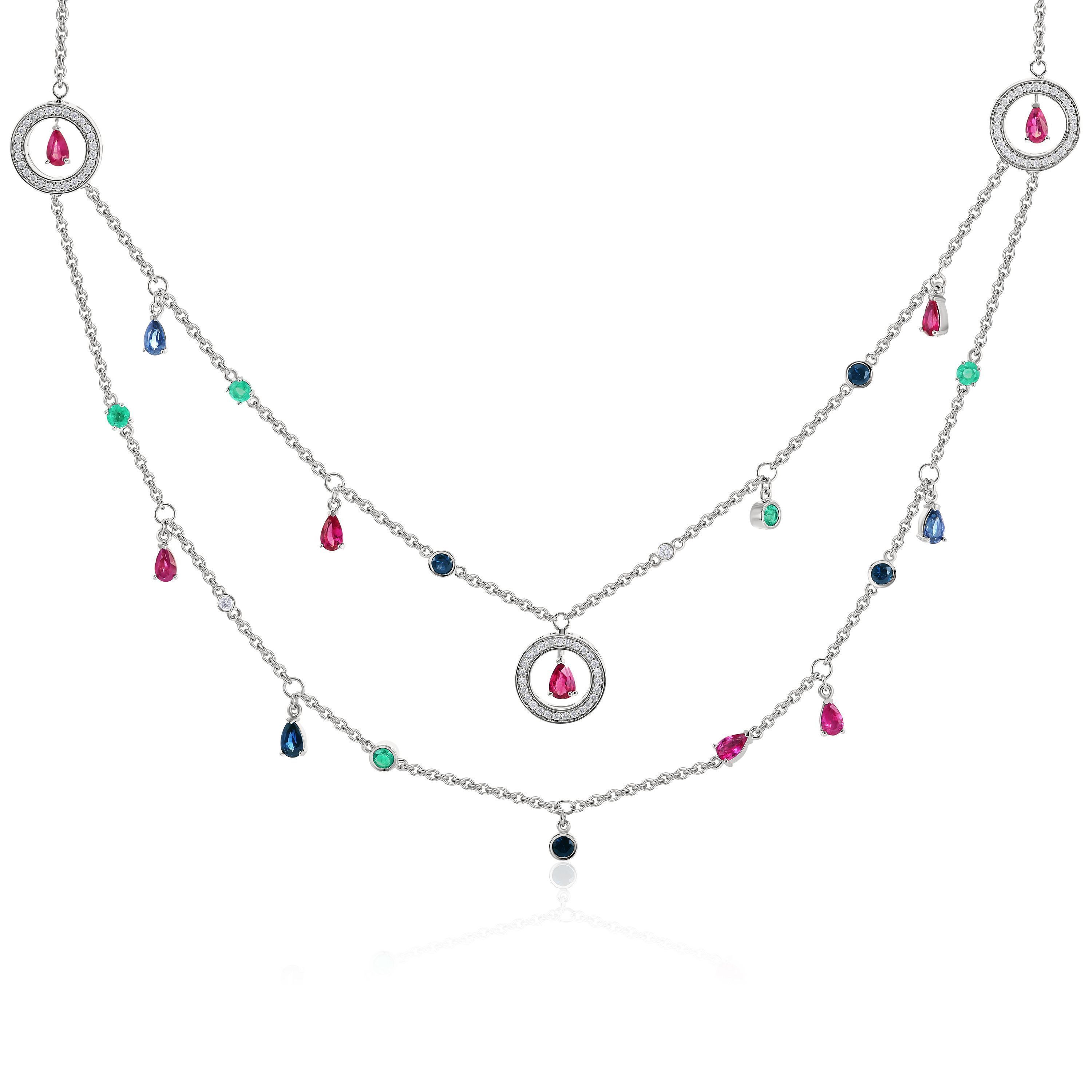 Колье из белого золота с рубинами, изумрудами, бриллиантами и сапфирами