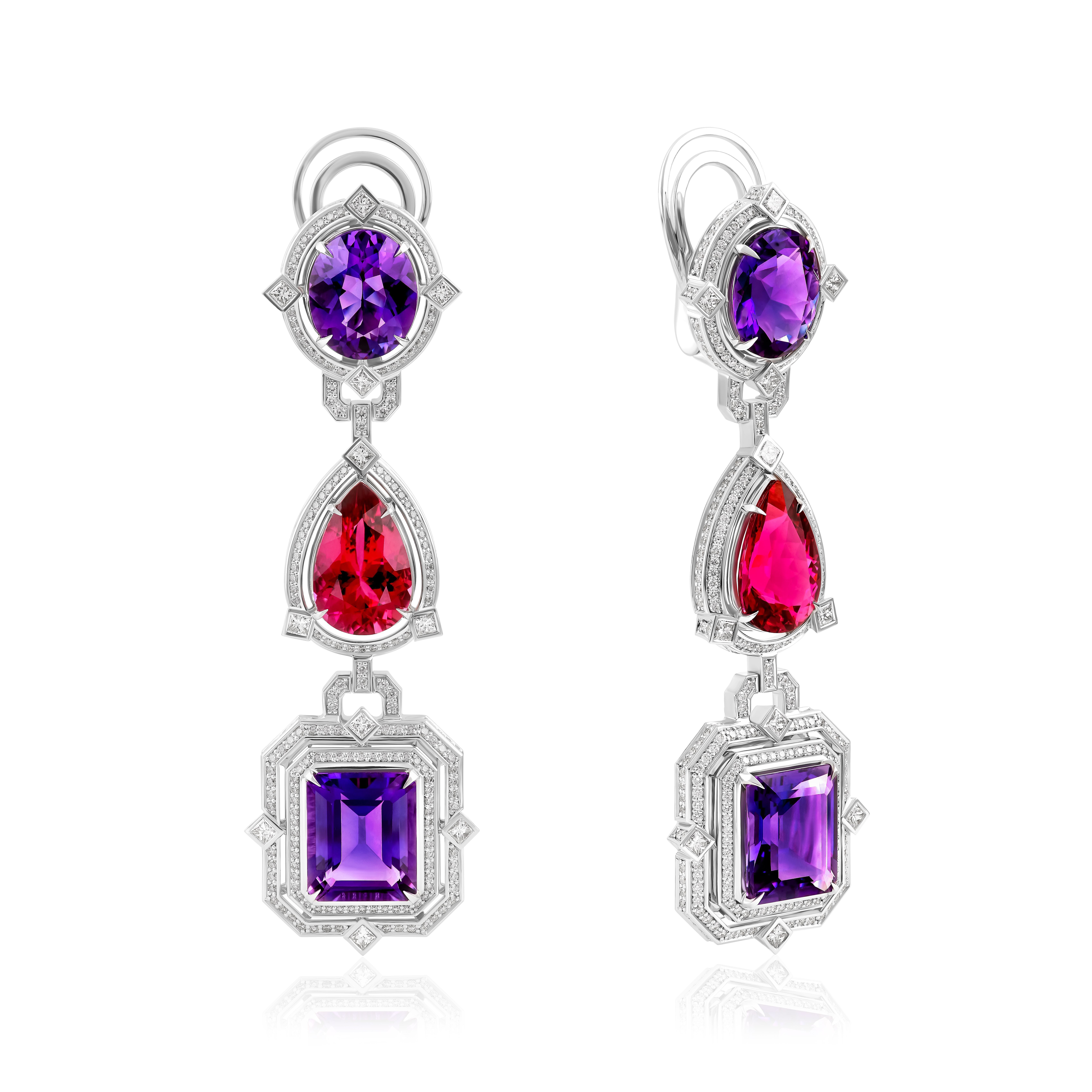 Серьги из белого золота с бриллиантами, аметистами 17.65 ct и турмалинами 8.99 ct