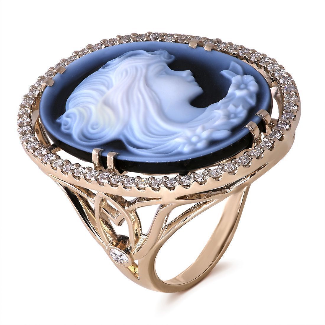 Кольцо из белого золота с бриллиантами и агатом