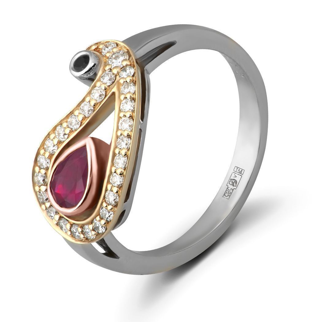 Кольцо из белого золота с бриллиантами, рубином и сапфиром