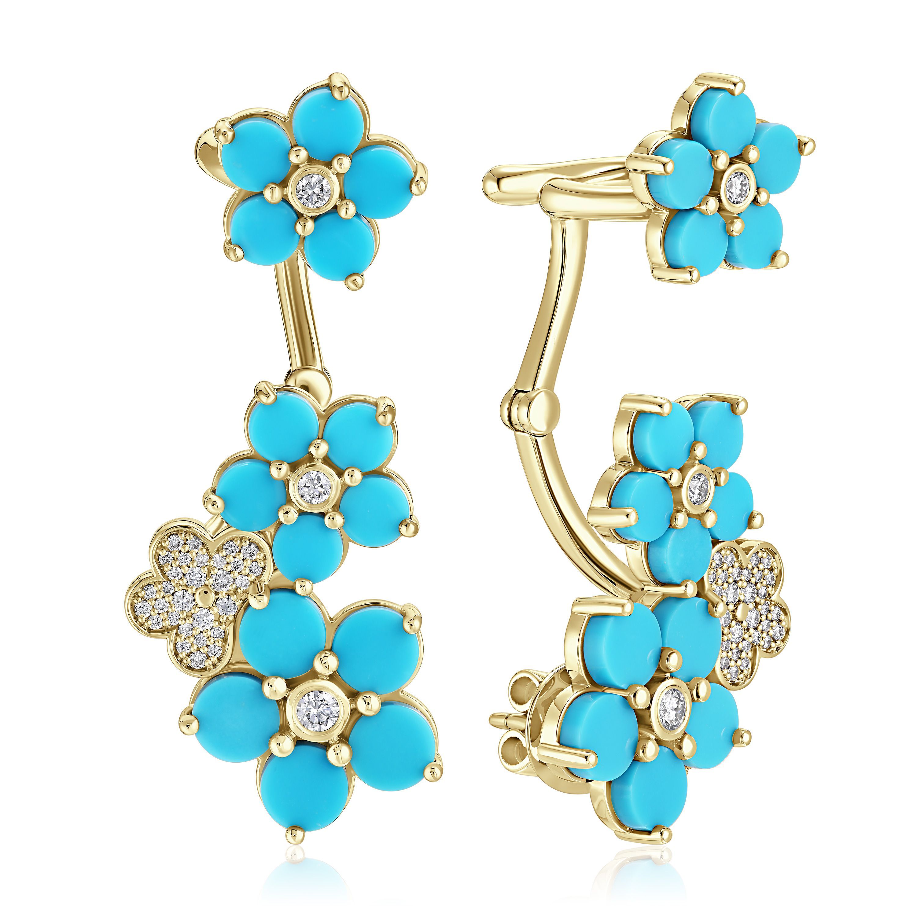 Пусеты из желтого золота с бирюзой и бриллиантами