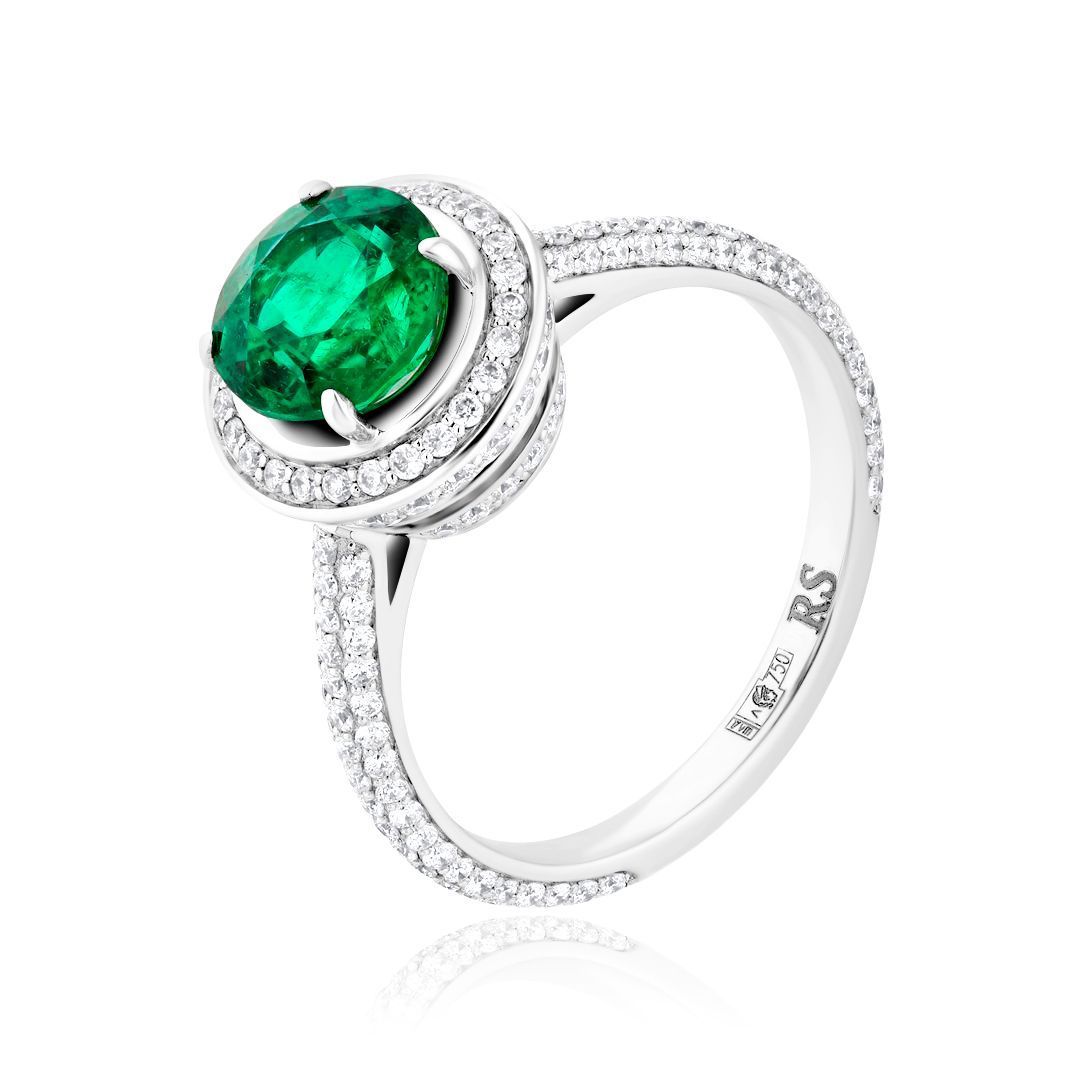 Кольцо из белого золота с изумрудом 1.62 ct и бриллиантами