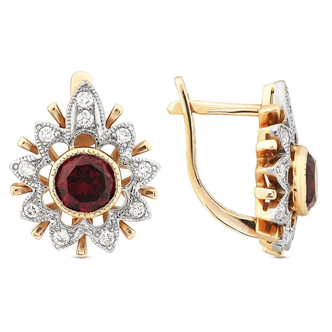 Серьги из красного золота с бриллиантами и родолитами