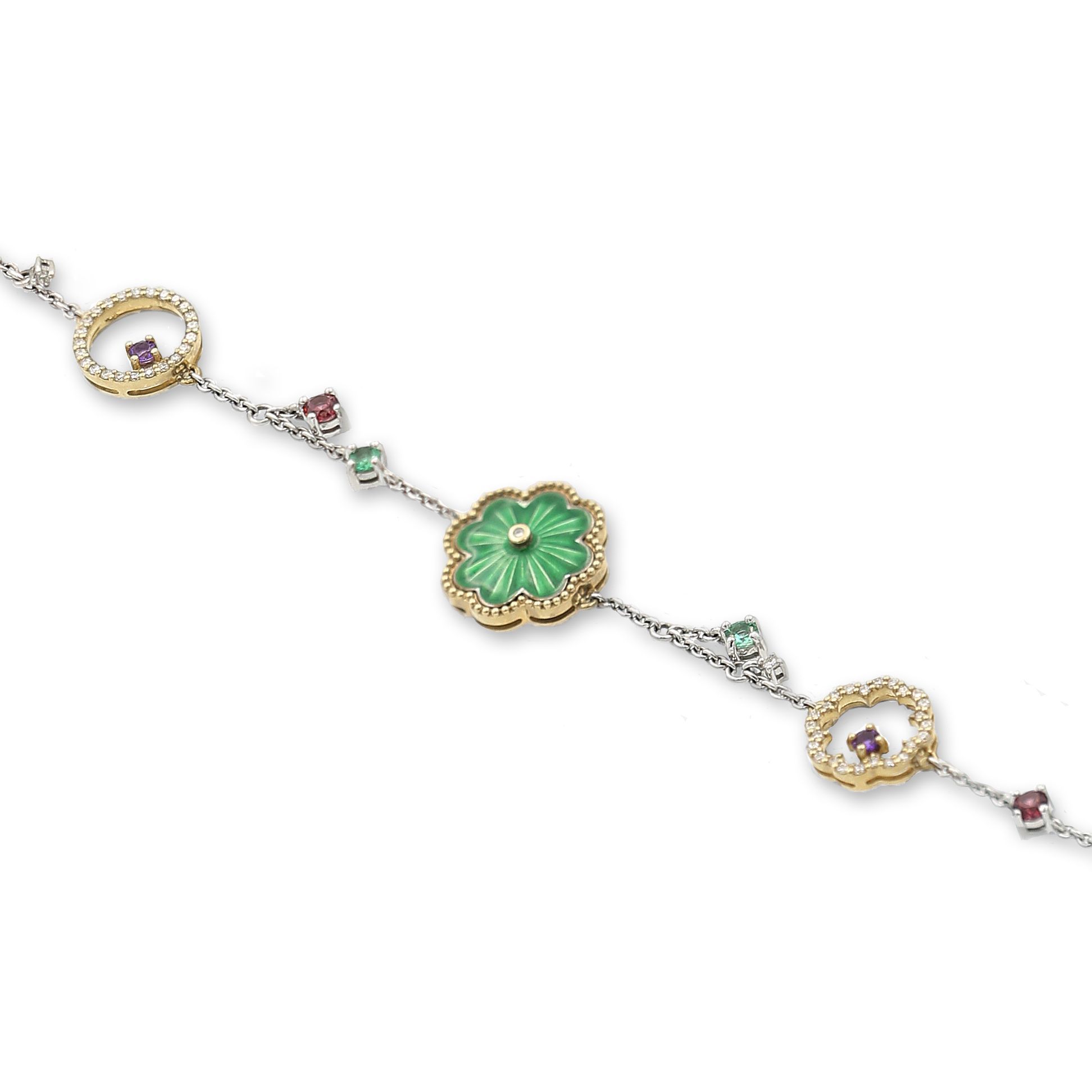 Браслет из белого золота с изумрудами, бриллиантами, альмандинами и аметистами