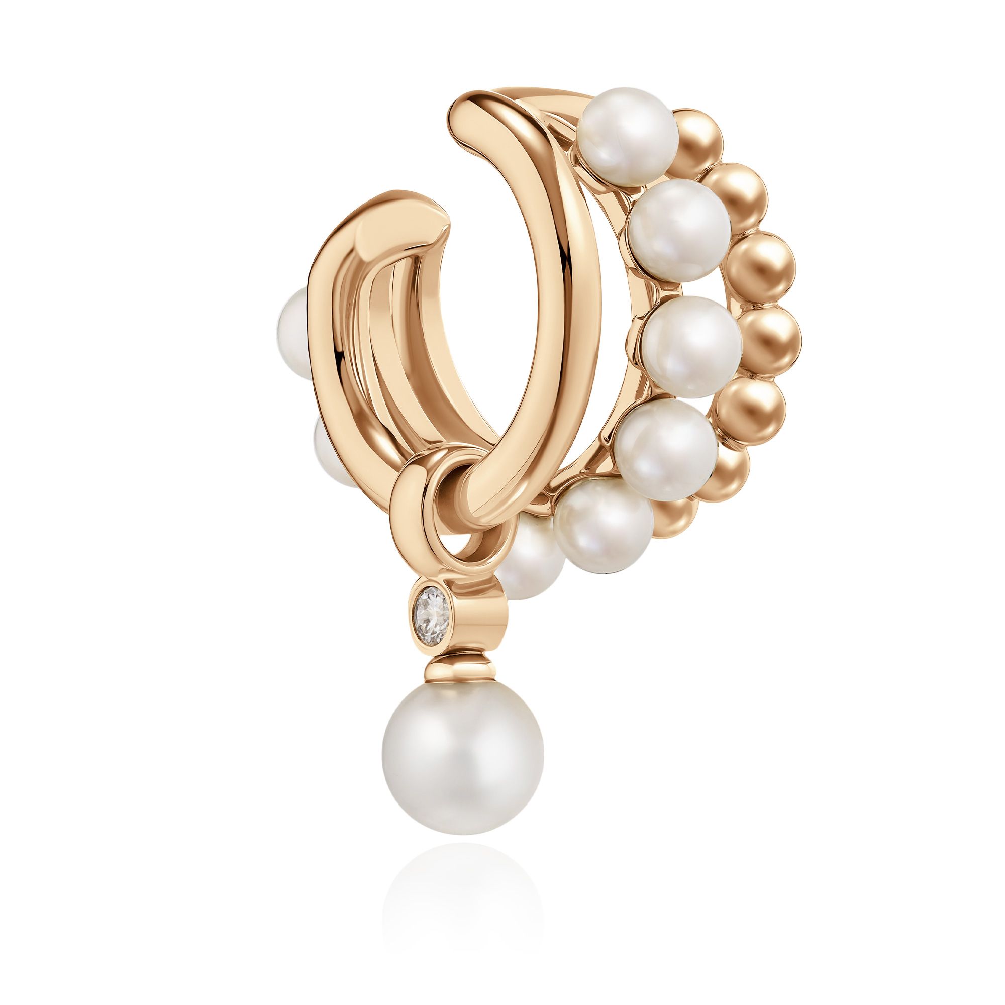 Серьга кафф из желтого золота с бриллиантом и жемчугом