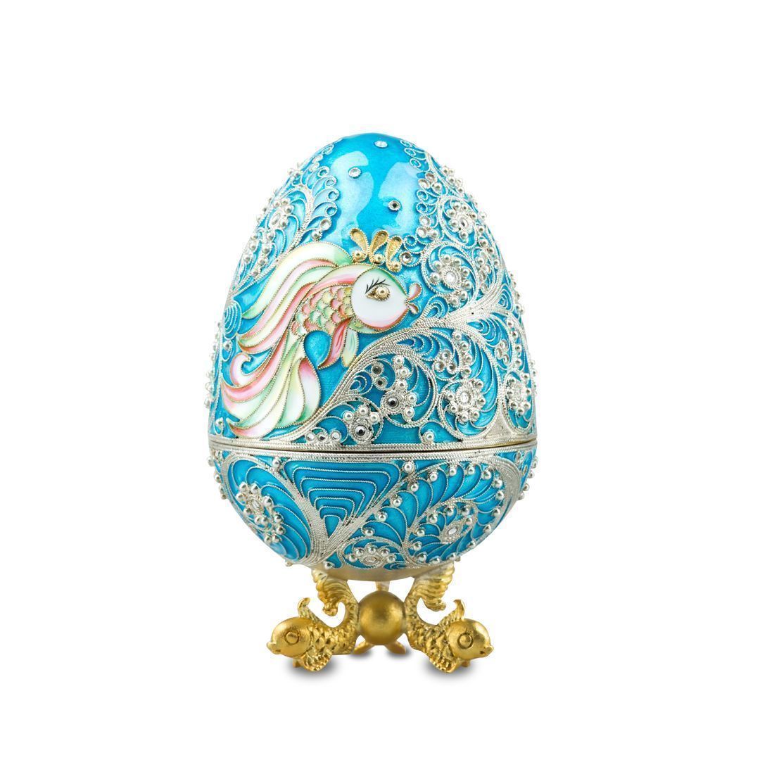 Яйцо-шкатулка «Золотая рыбка» из серебра с ювелирным стеклом