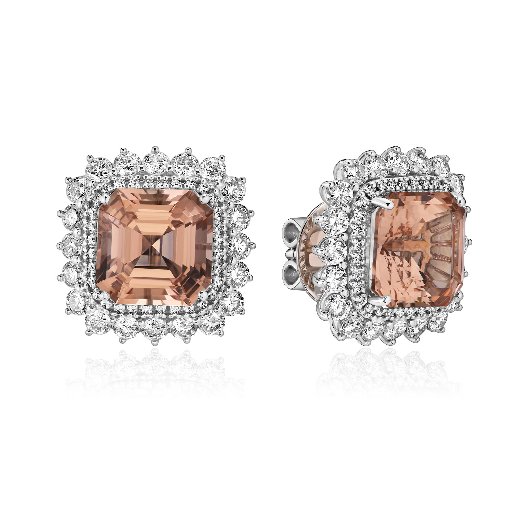 Пусеты из белого золота с бриллиантами и морганитом