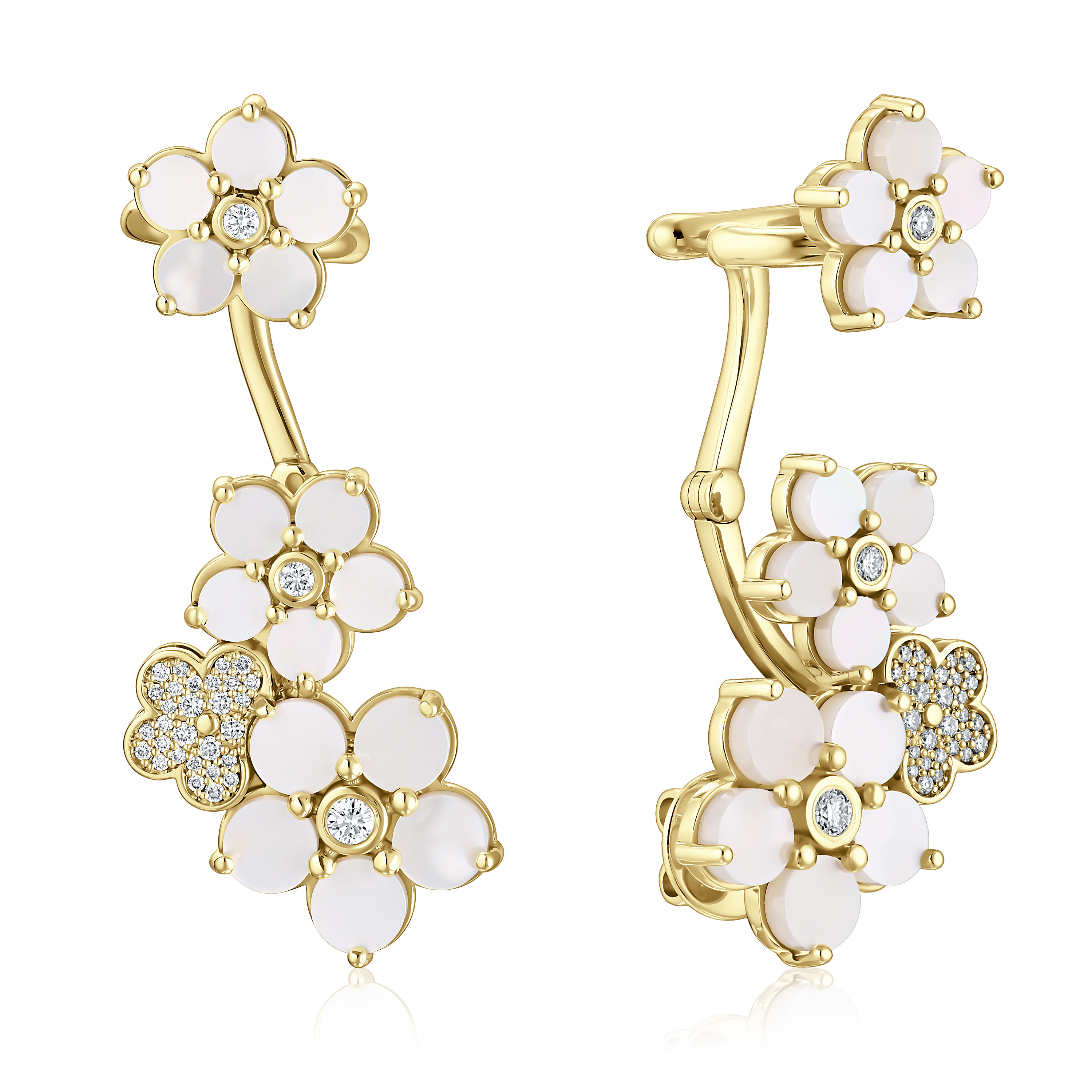 Серьги каффы из желтого золота с перламутром и бриллиантами