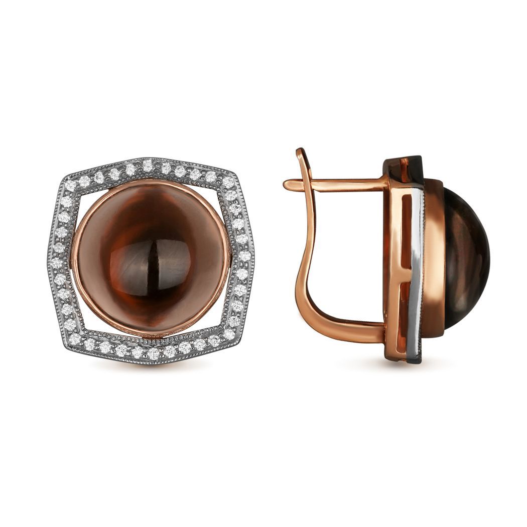 Серьги из красного золота с бриллиантами и кварцами