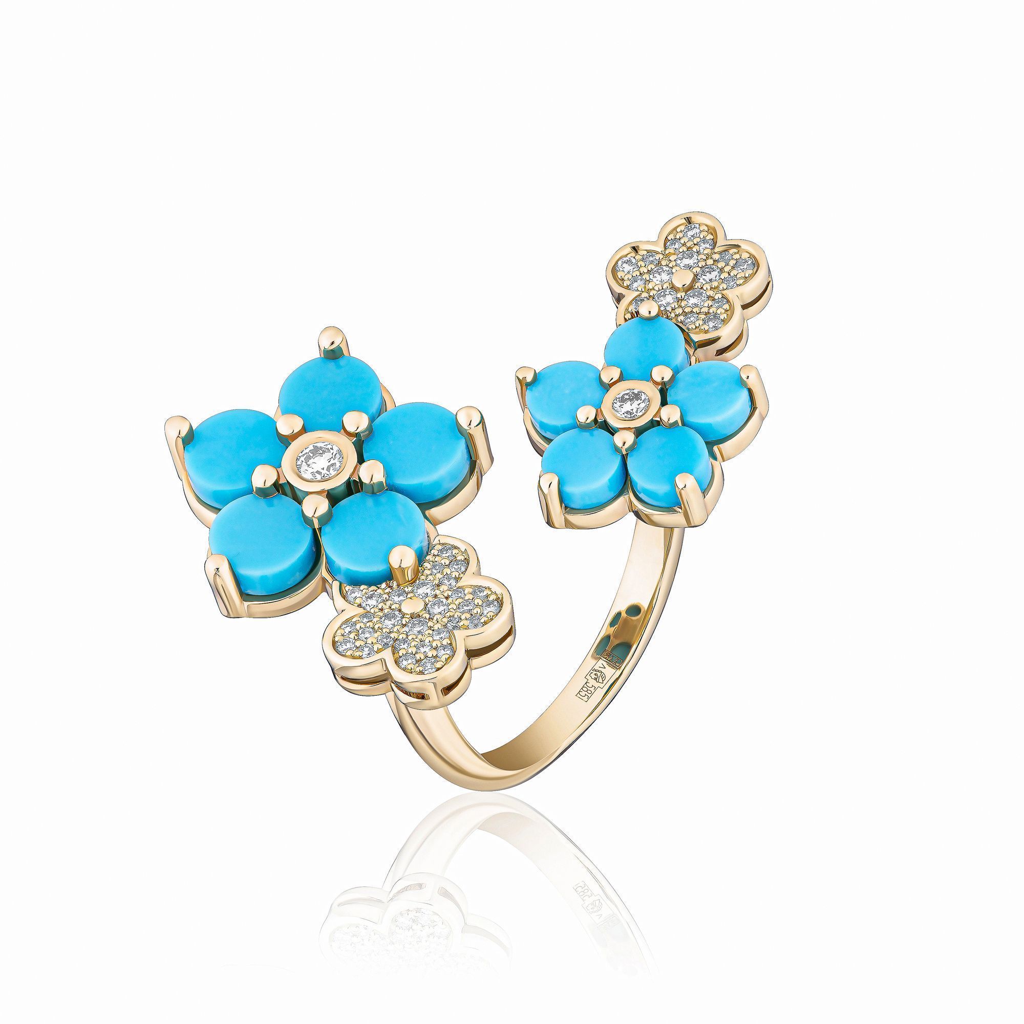 Кольцо из желтого золота с бирюзой и бриллиантами
