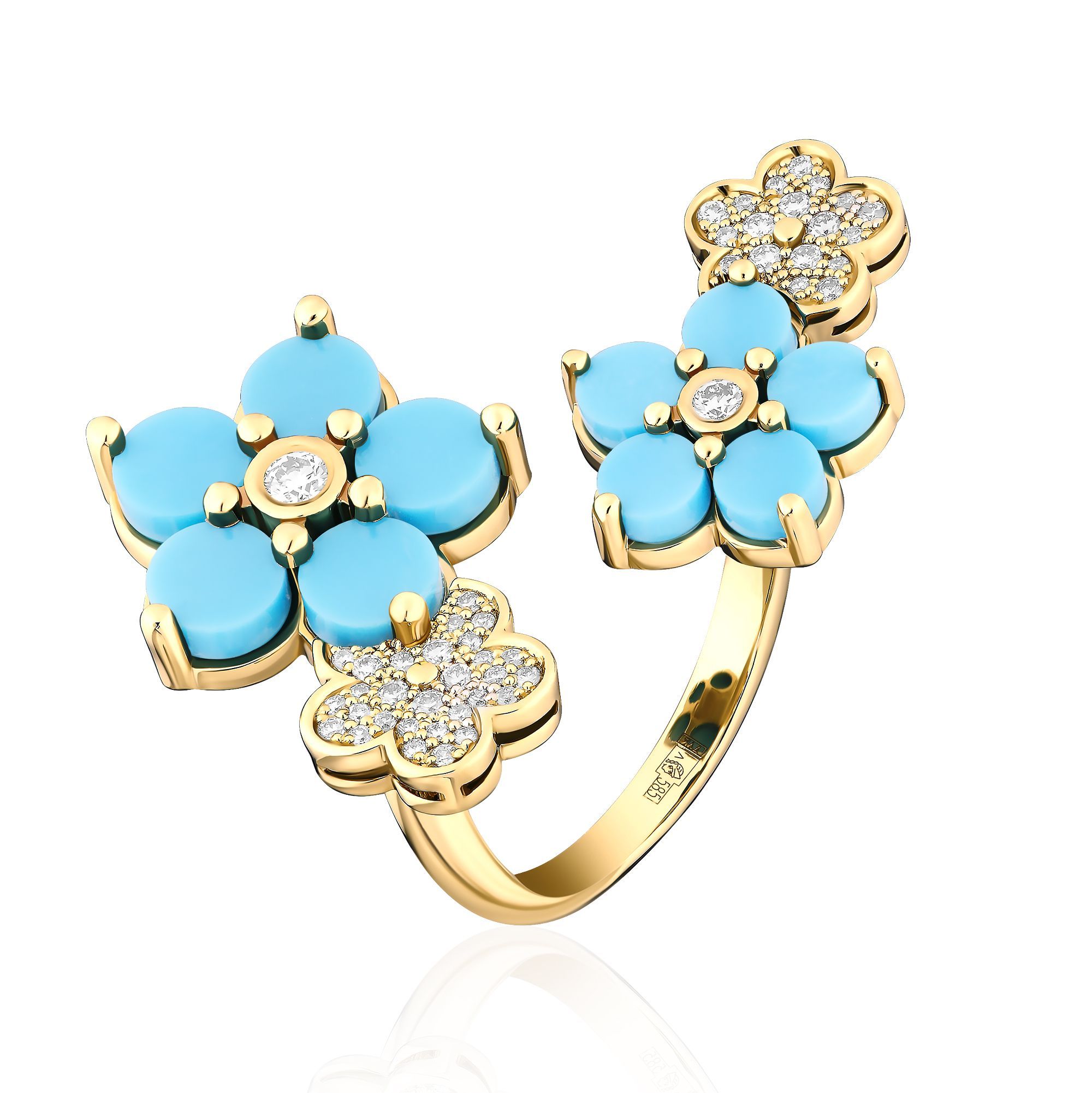 Кольцо из желтого золота с бирюзой и бриллиантами