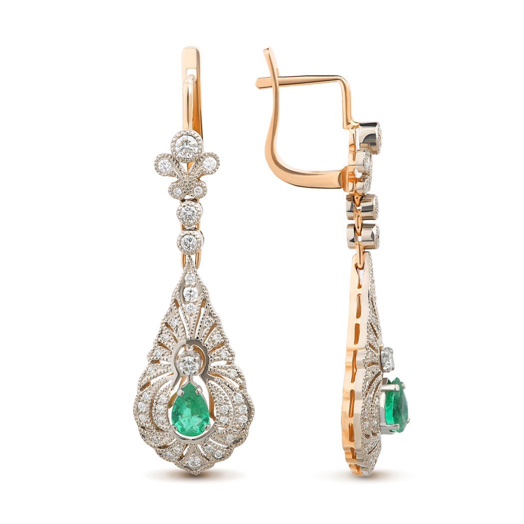 Серьги из красного золота с изумрудами и бриллиантами