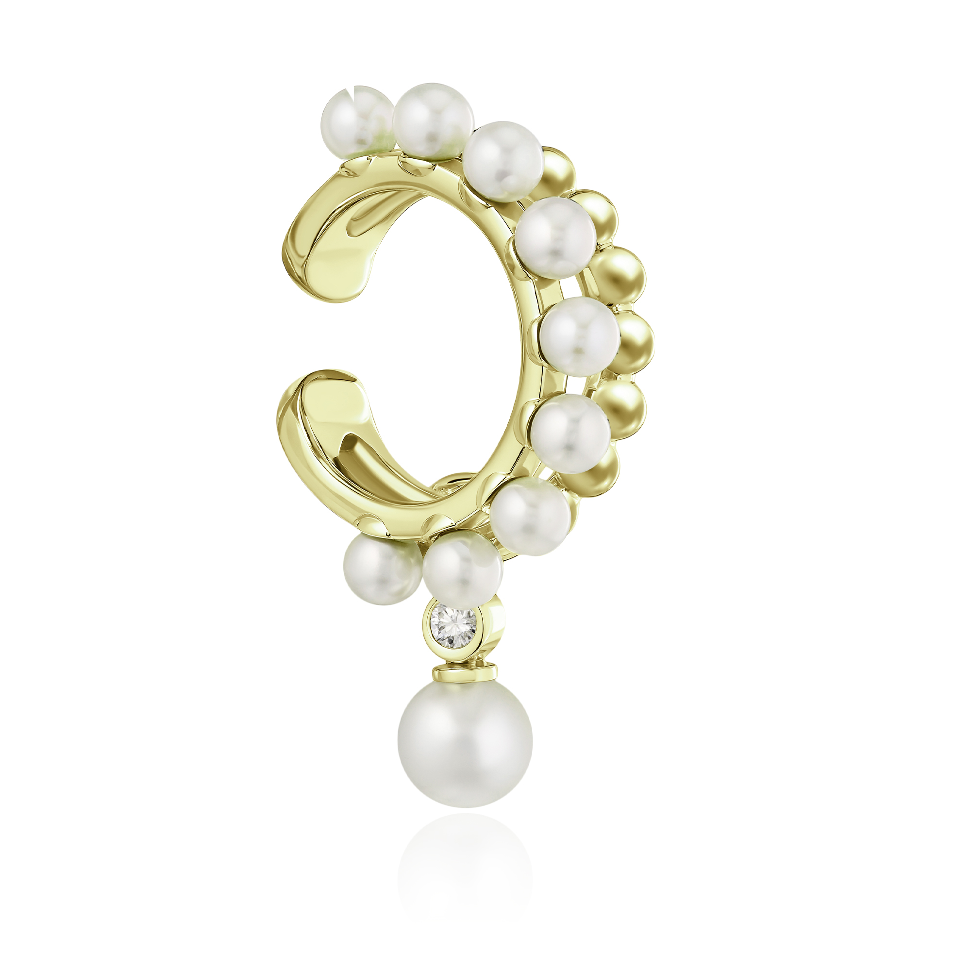 Серьга кафф из желтого золота с бриллиантом и жемчугом