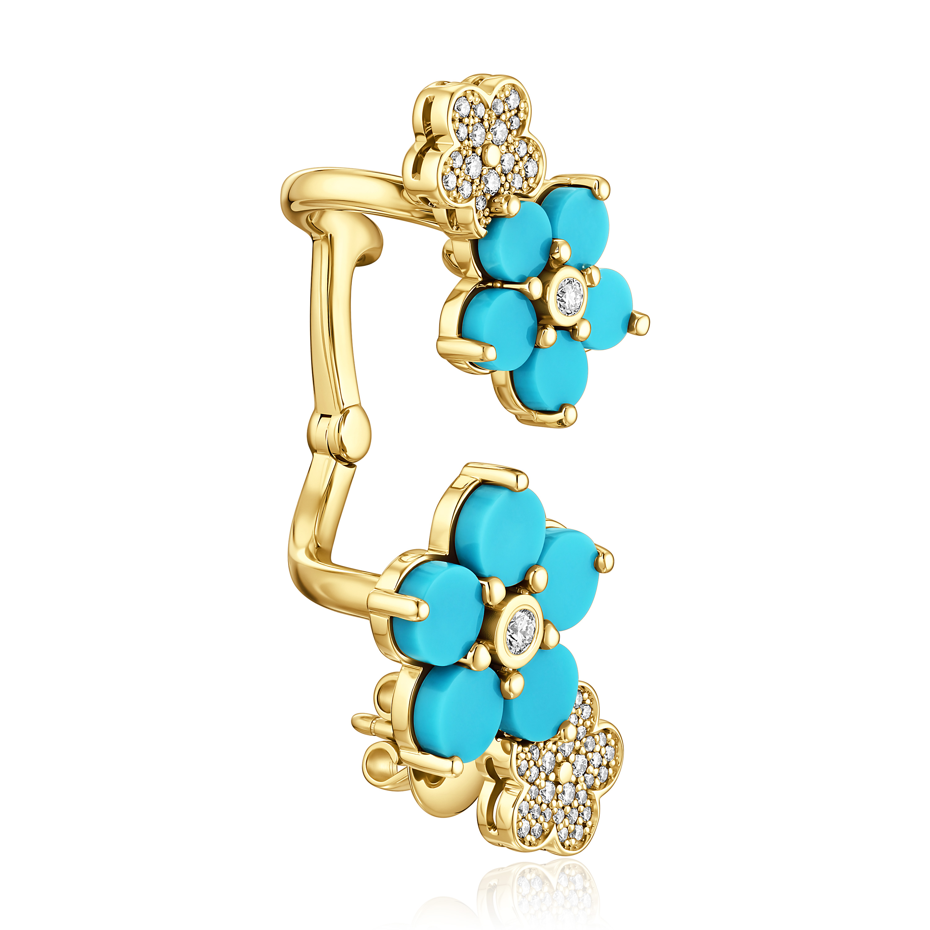 Серьга кафф из желтого золота с бирюзой и бриллиантами