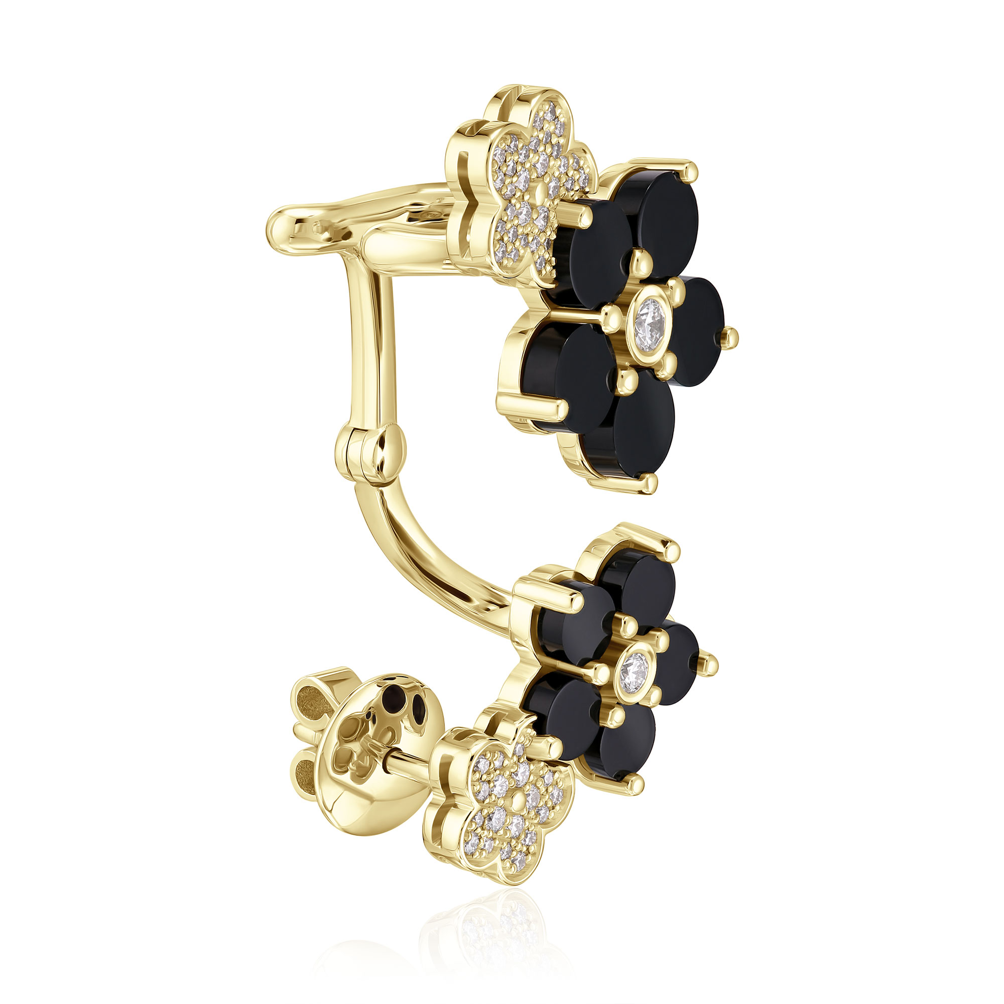 Серьга кафф из желтого золота с ониксом и бриллиантами