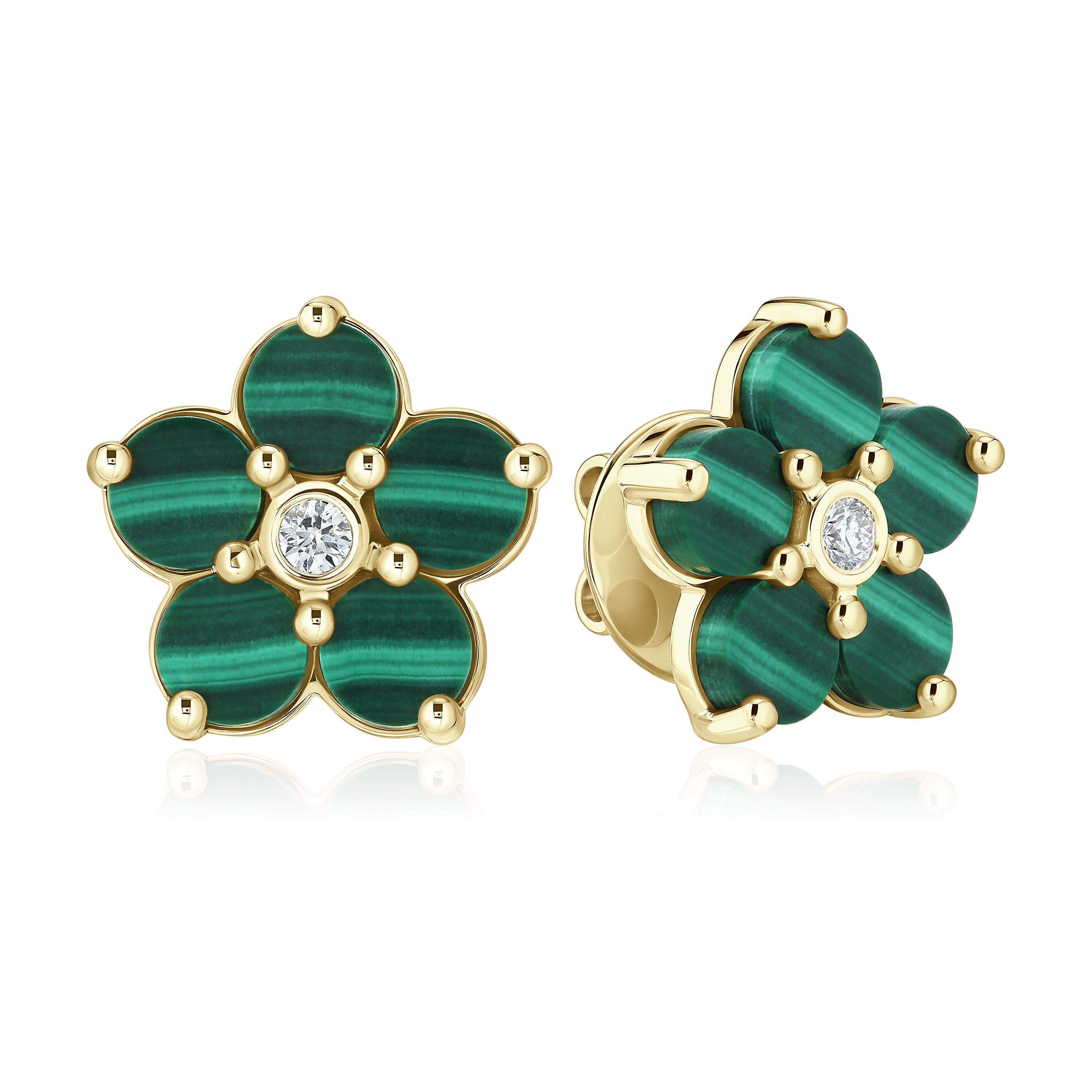 Пусеты из желтого золота с бриллиантами и малахитом