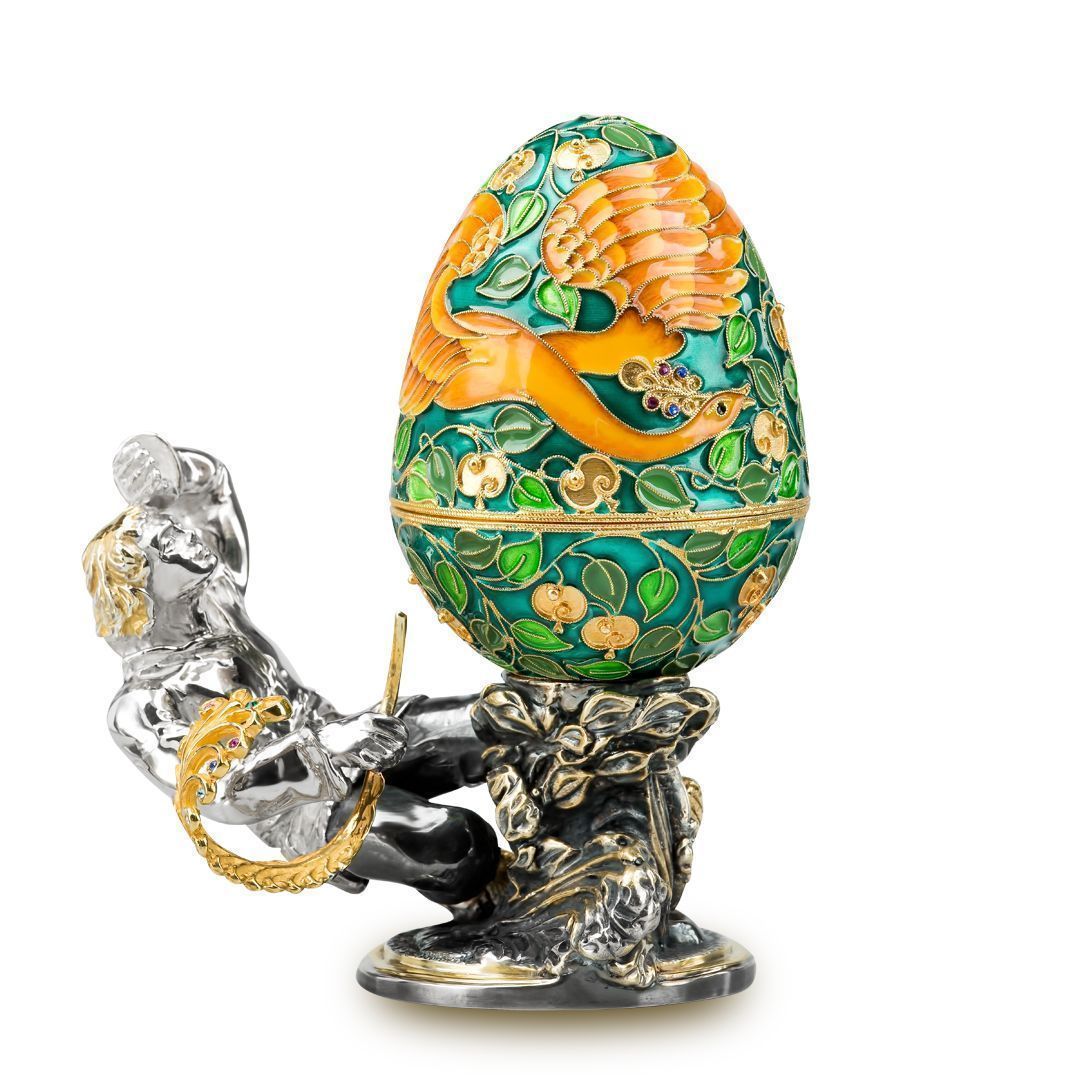 Яйцо-шкатулка «Жар-птица» из серебра с ювелирным стеклом