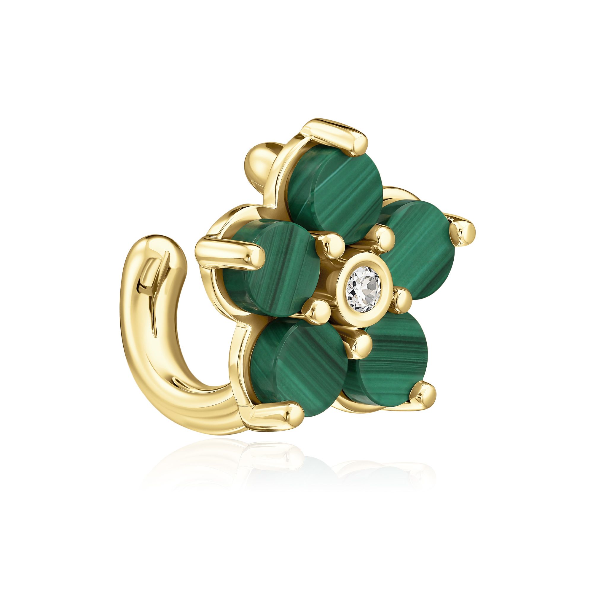 Серьга кафф из желтого золота с малахитом и бриллиантом