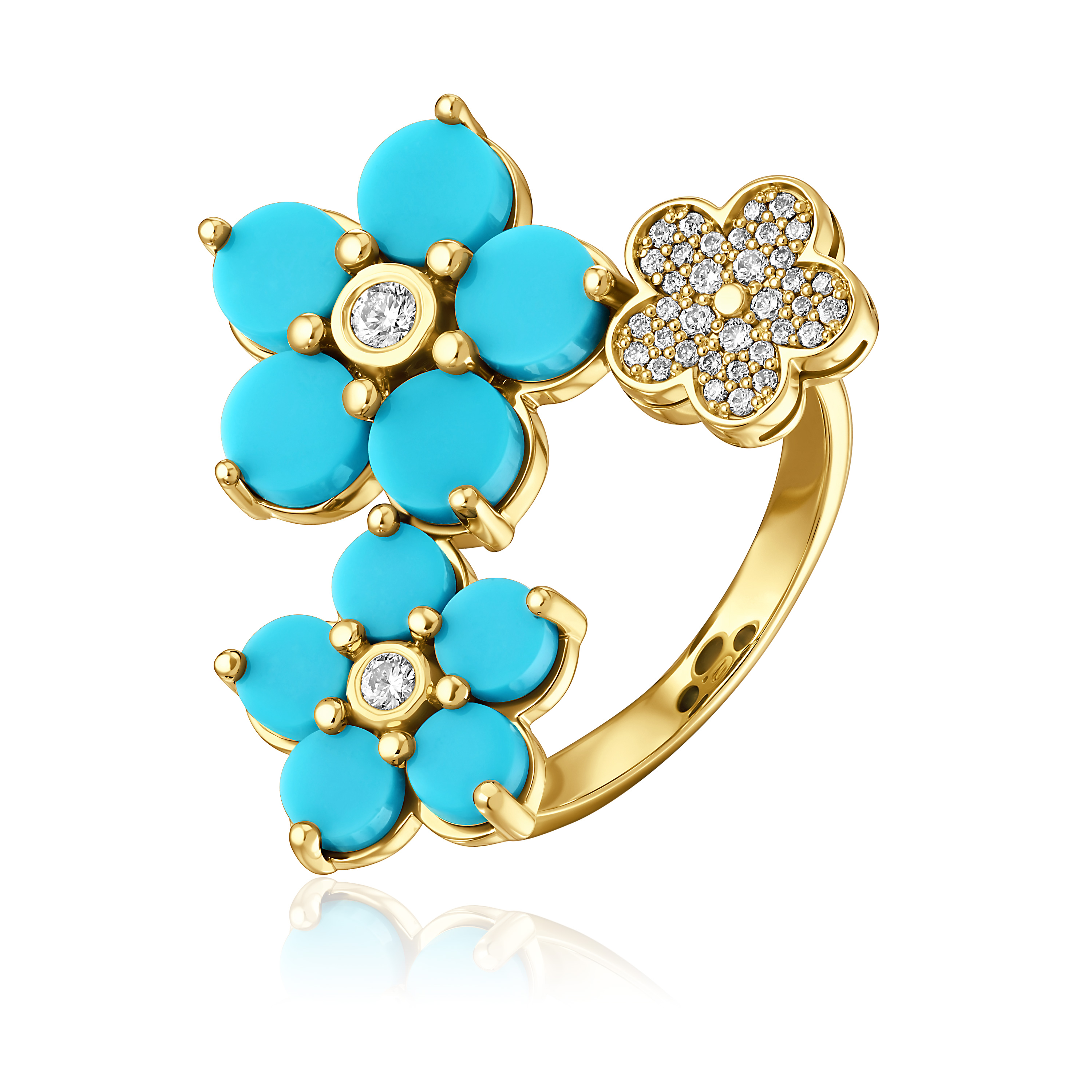 Кольцо из желтого золота с бирюзой и бриллиантами