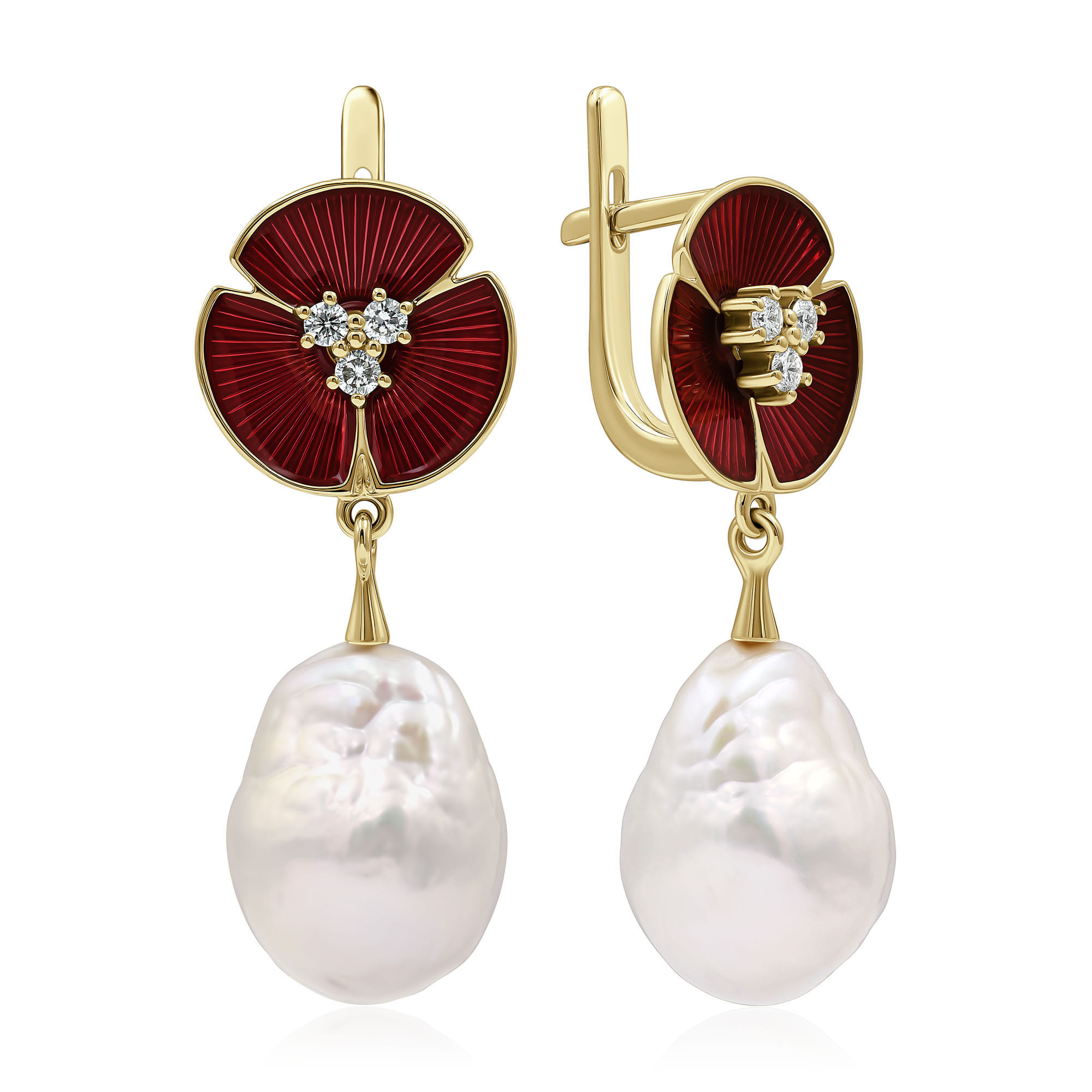 Серьги из желтого золота с жемчугом и бриллиантами