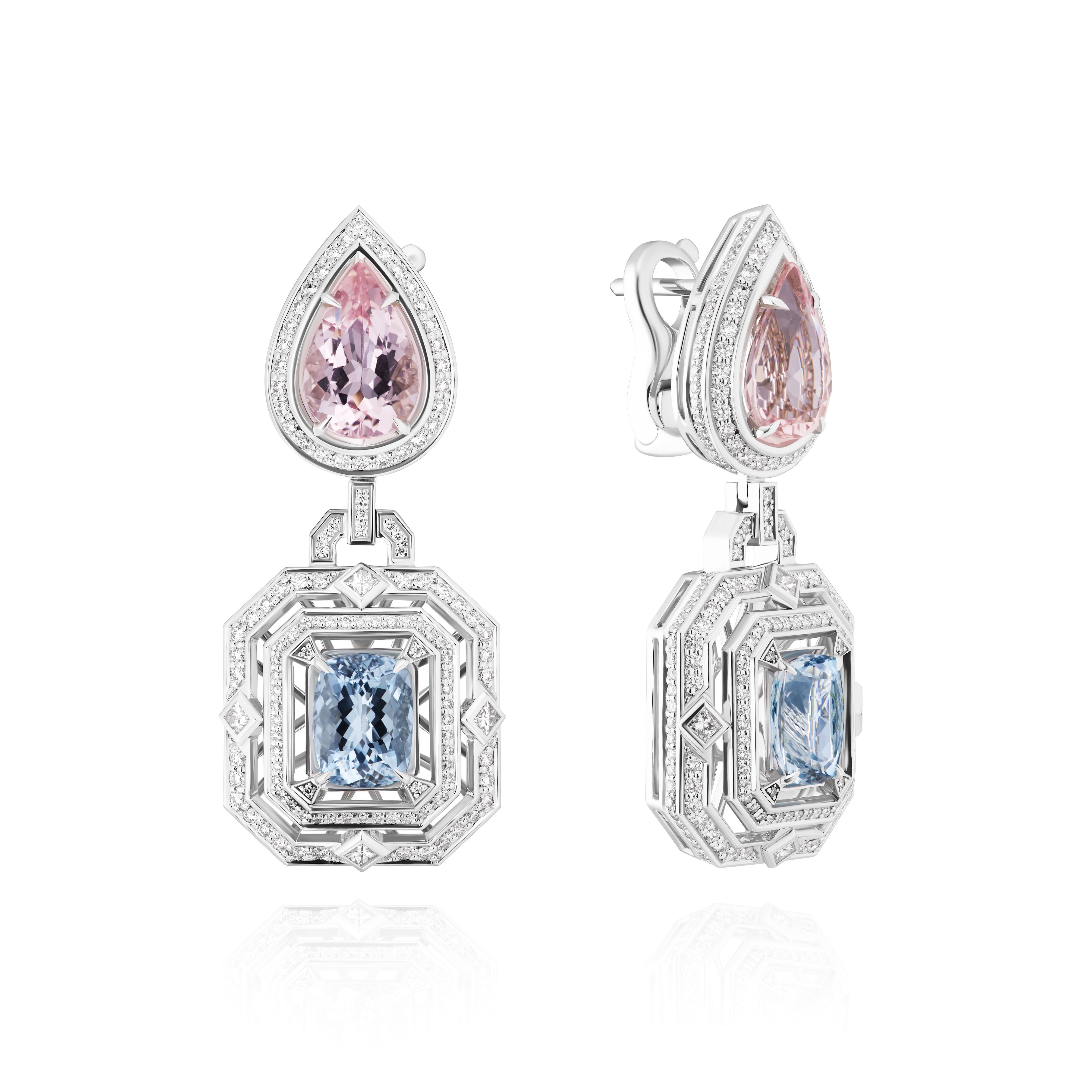 Серьги из белого золота с бриллиантами, аквамарином 3.81 ct и морганитом 4.95 ct