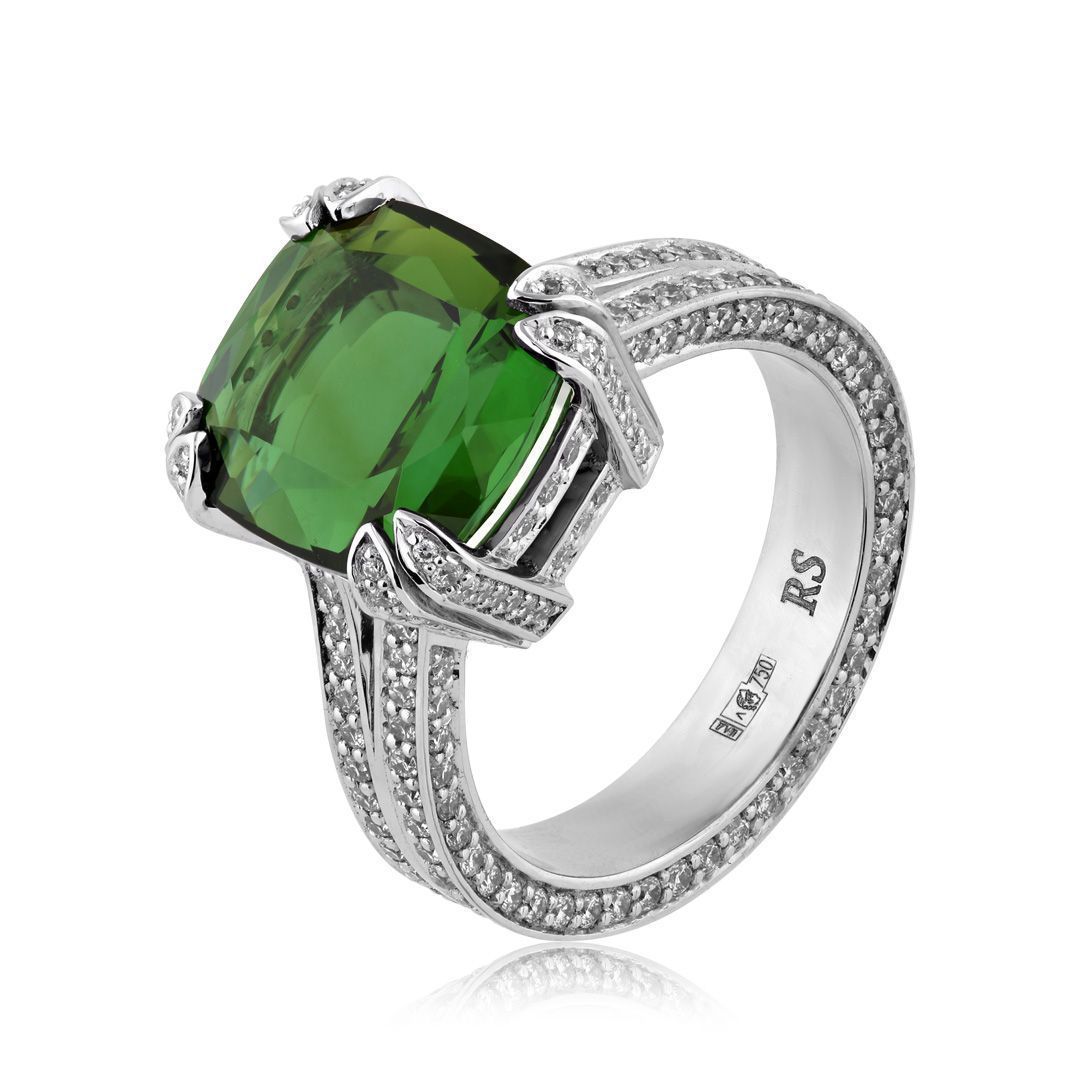 Кольцо из белого золота с турмалином 7.89 ct и бриллиантами