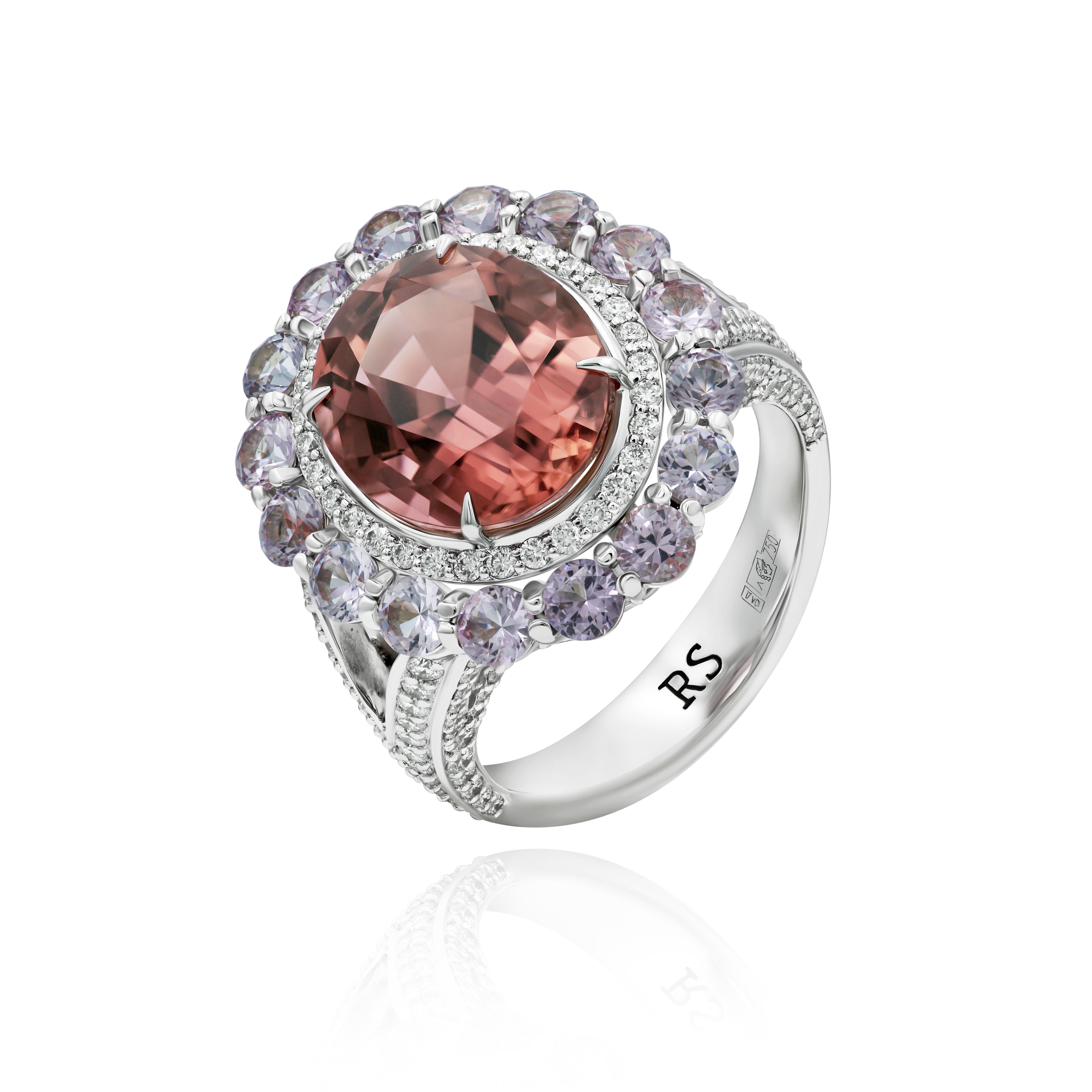 Кольцо из белого золота со шпинелью, турмалином 6.13 ct и бриллиантами