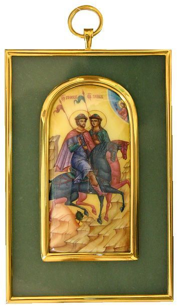 Икона «Борис и Глеб» из серебра с нефритом