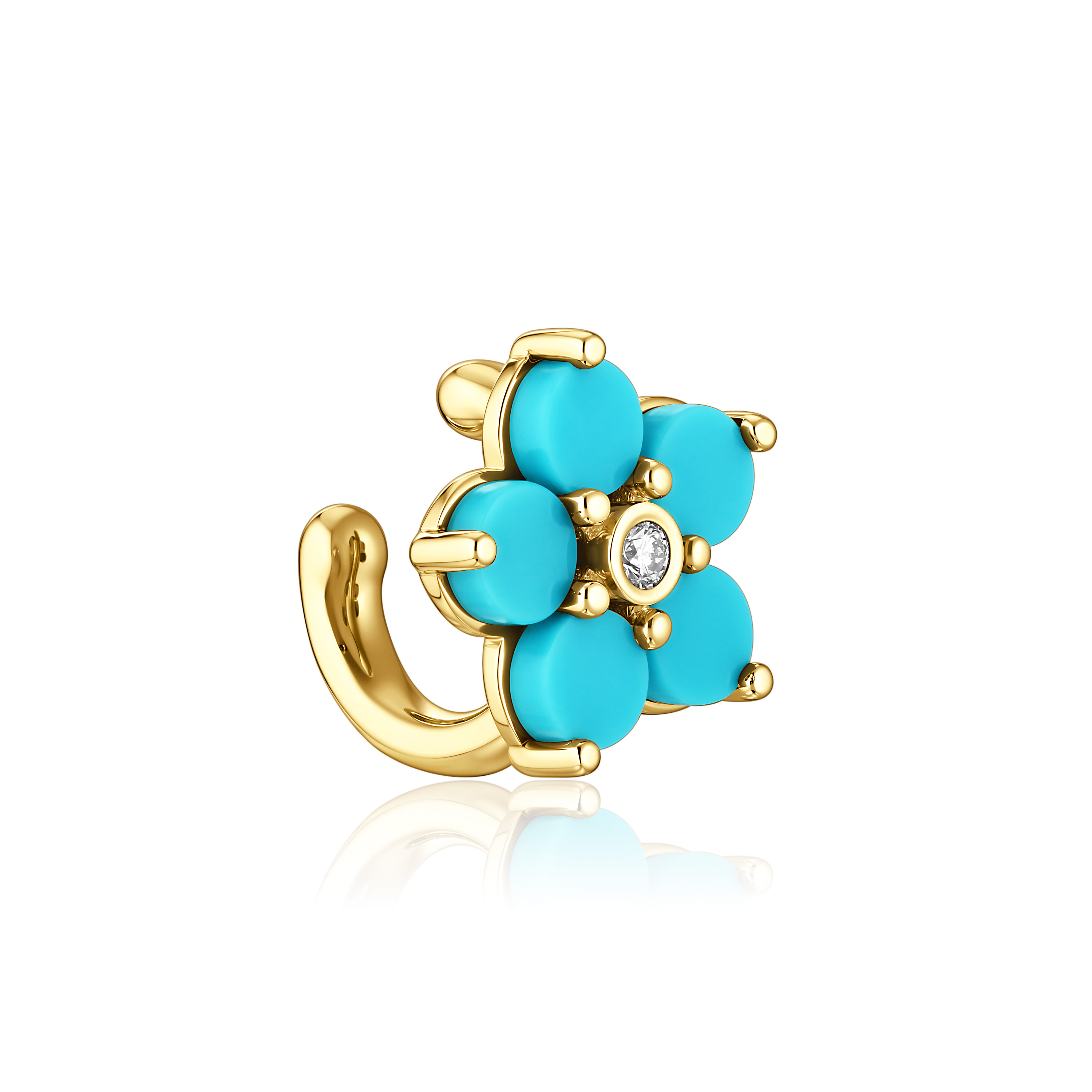 Серьга кафф из желтого золота с бриллиантом и бирюзой