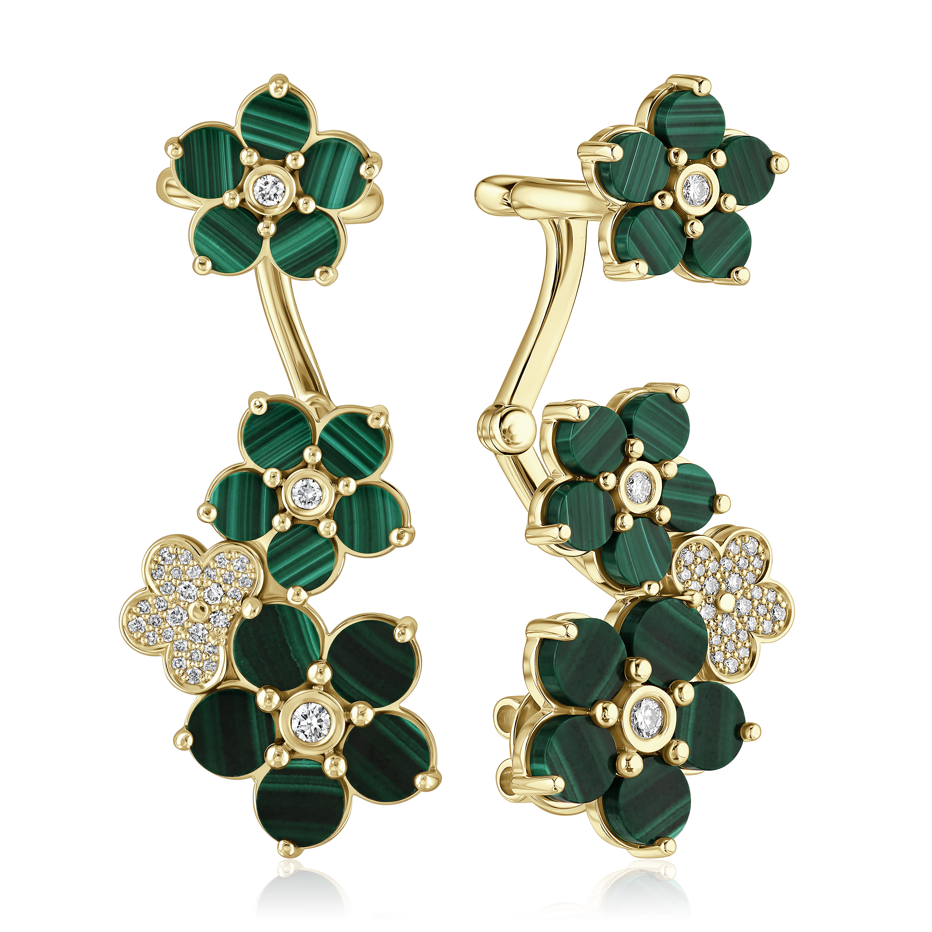 Серьги каффы из желтого золота с малахитами и бриллиантами