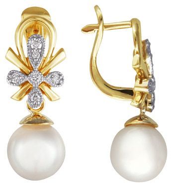 Серьги из желтого золота с жемчугом и бриллиантами