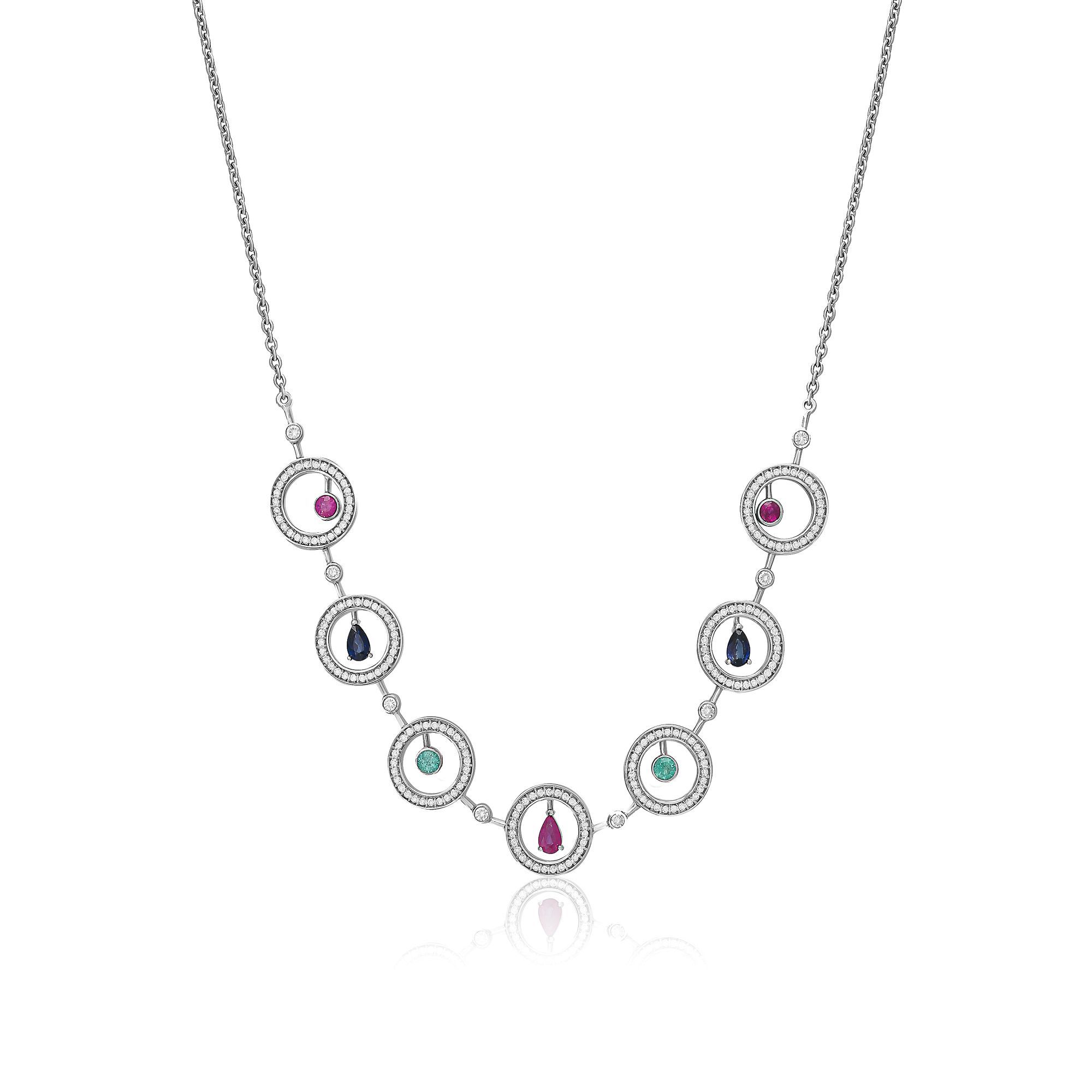 Колье из белого золота с рубинами, бриллиантами, сапфирами и изумрудами