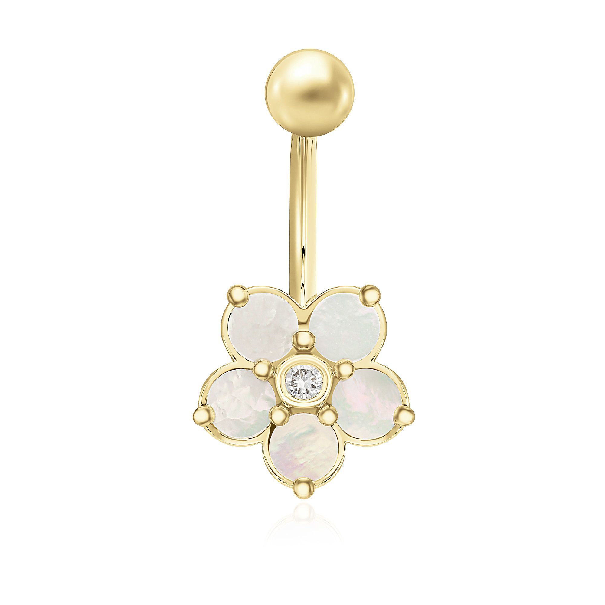 Пирсинг из желтого золота с перламутром и бриллиантом