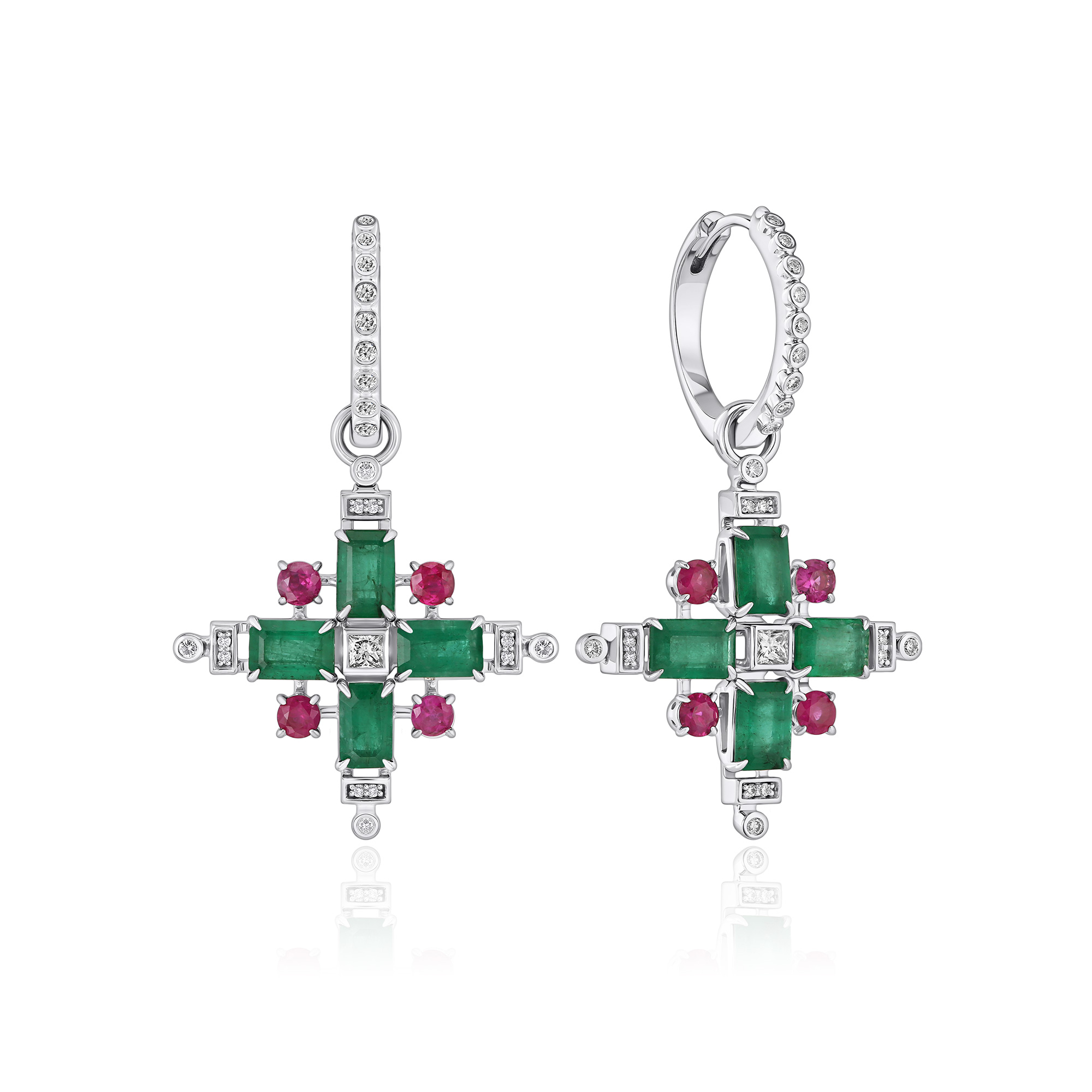 Серьги из белого золота с рубинами, бриллиантами и изумрудами