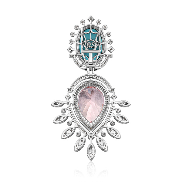 Подвеска из белого золота с бриллиантами, морганитом 10.89 ct и бирюзой