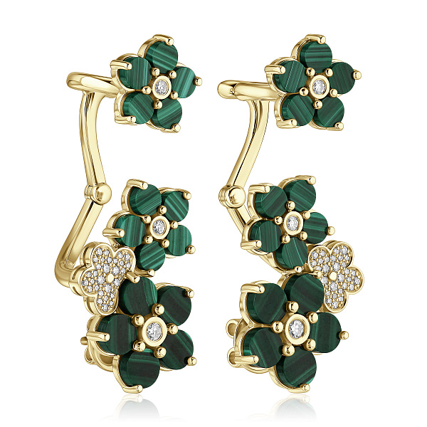 Серьги каффы из желтого золота с малахитами и бриллиантами