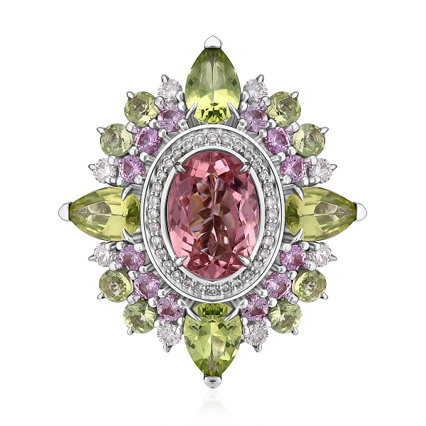 Кольцо из белого золота с хризолитами, турмалином 1.69 ct, бриллиантами и сапфирами