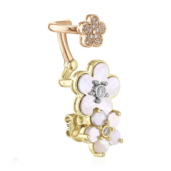 Серьга кафф из желтого золота с перламутром и бриллиантами