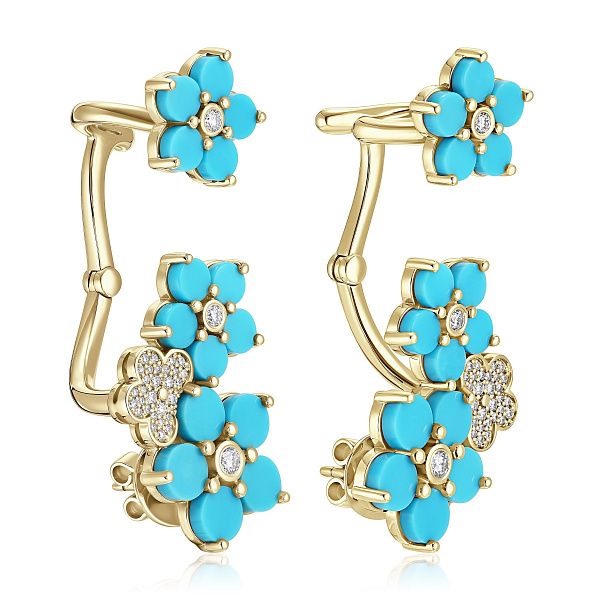 Пусеты из желтого золота с бирюзой и бриллиантами