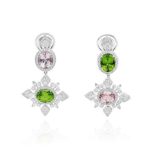 Серьги из белого золота с хризолитом, морганитами 7.28 ct, бриллиантами и сапфирами