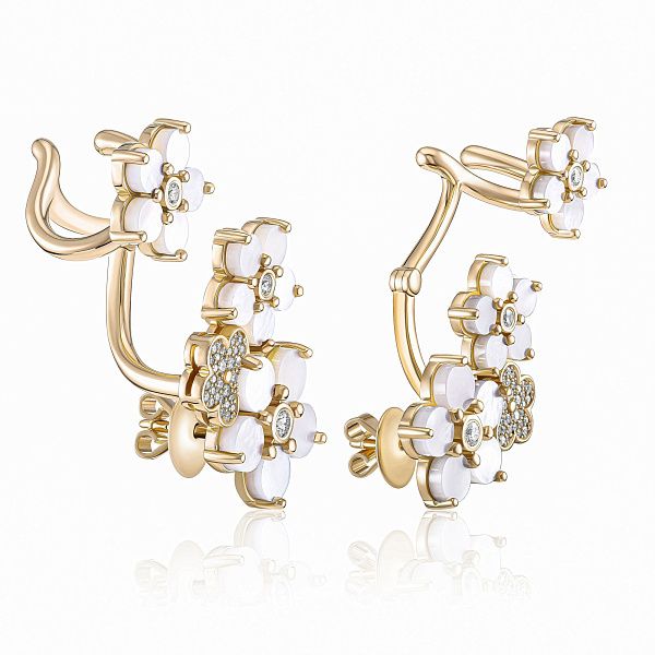 Серьги каффы из желтого золота с перламутром и бриллиантами
