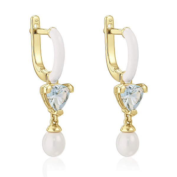 Серьги из желтого золота с топазами и жемчугом