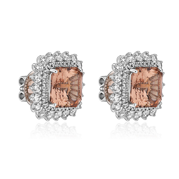 Пусеты из белого золота с бриллиантами и морганитом