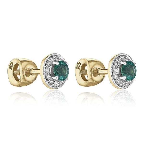 Пусеты из желтого золота с изумрудами и бриллиантами