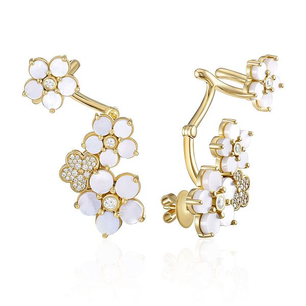 Серьги каффы из желтого золота с перламутром и бриллиантами